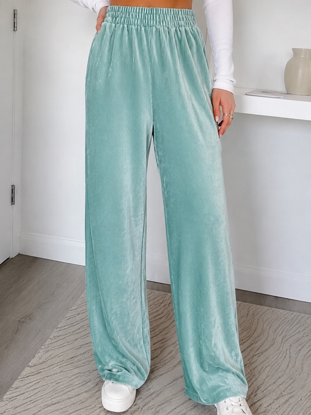 Zara Mint Velvet Ribbed Pants High Waist Cozy Lounge Green sweats Small